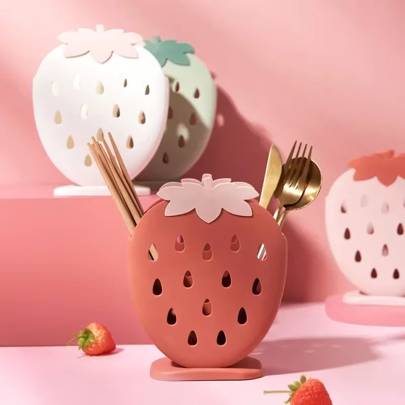 Cute Strawberry Chopsticks Holder Drain Rack Kitchen Tableware Storage Rack Hollow Cutlery Drainer Spoon Fork Knife Shelf Holder