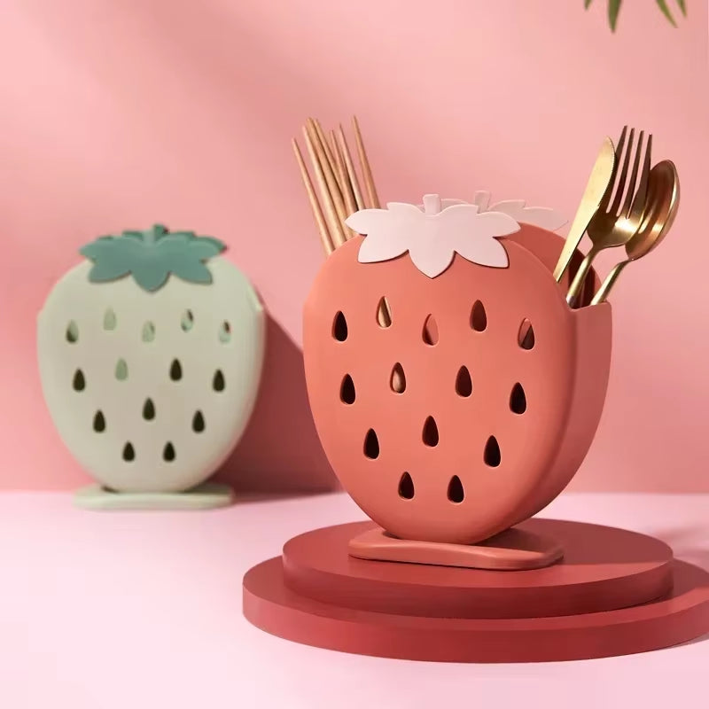 Cute Strawberry Chopsticks Holder Drain Rack Kitchen Tableware Storage Rack Hollow Cutlery Drainer Spoon Fork Knife Shelf Holder