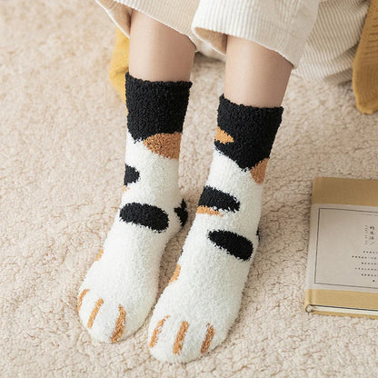 Women Winter Warm Fluffy Socks Cute Animal Claw Cat Paw Footprint Fuzzy Socks Female Thick Coral Fleece Home Floor Sleep Socks