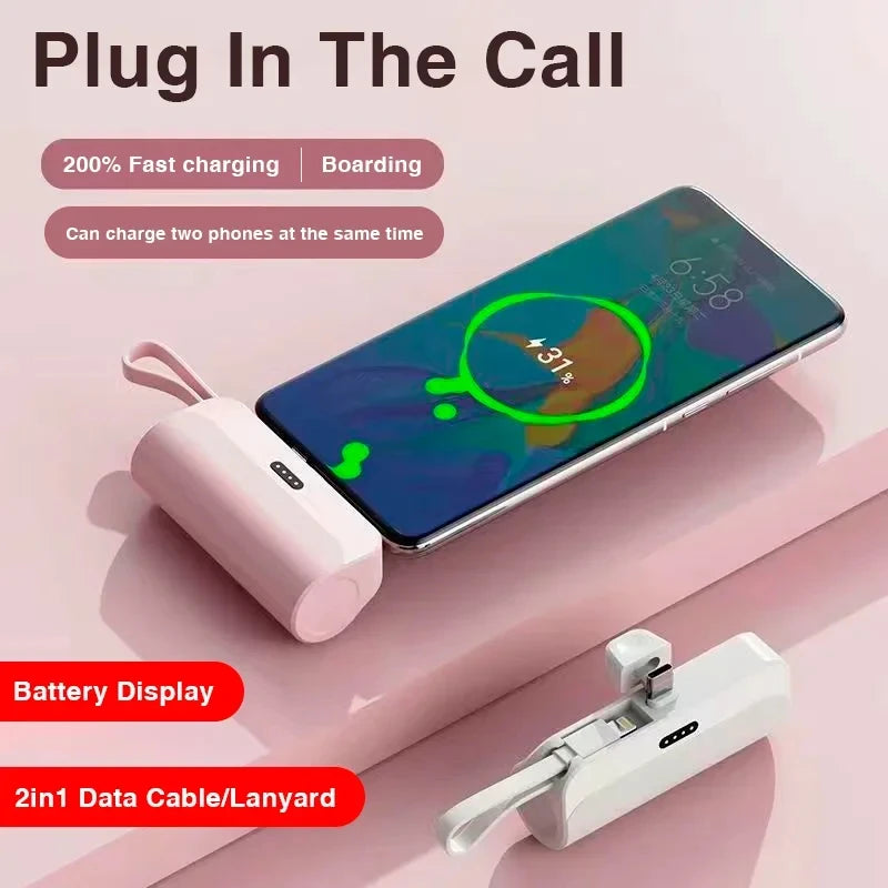 Mini Capsule 10,000mAh Power Bank – 2-in-1 Fast Charging with Built-In Cable for iPhone & Type-C Devices