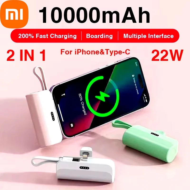 Mini Capsule 10,000mAh Power Bank – 2-in-1 Fast Charging with Built-In Cable for iPhone & Type-C Devices