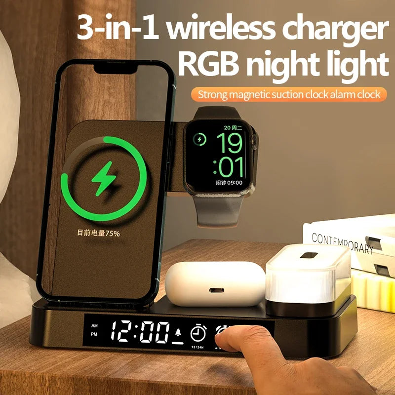 3-in-1 Wireless Charger, Alarm Clock & Nightlight – Fast Charging Dock