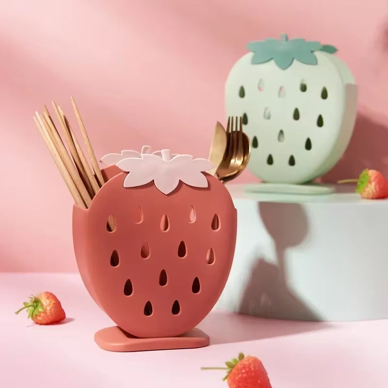 Cute Strawberry Chopsticks Holder Drain Rack Kitchen Tableware Storage Rack Hollow Cutlery Drainer Spoon Fork Knife Shelf Holder