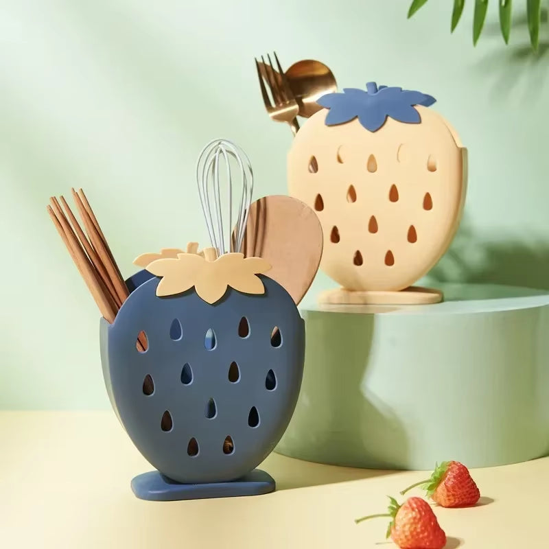 Cute Strawberry Chopsticks Holder Drain Rack Kitchen Tableware Storage Rack Hollow Cutlery Drainer Spoon Fork Knife Shelf Holder