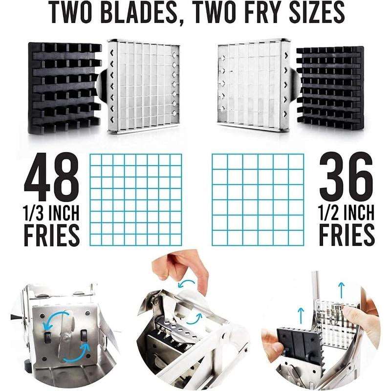 Commercial Grade Stainless Steel French Fry Cutter, Vegetable and Potato Slicer, 2 Blade Sizes, Non-Slip Suction Base, Perfect for Air Fryer Smooth